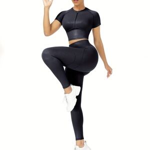 2pcs pu leather Leggings Shaper gym set crop top turtleneck high waist sport